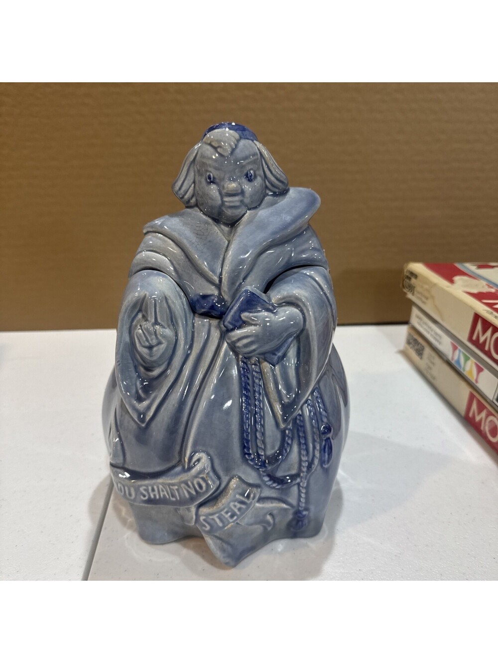 Vtg. Red Wing Pottery Blue Friar Tuck Monk Cookie Jar Thou Shalt Not Steal 1941